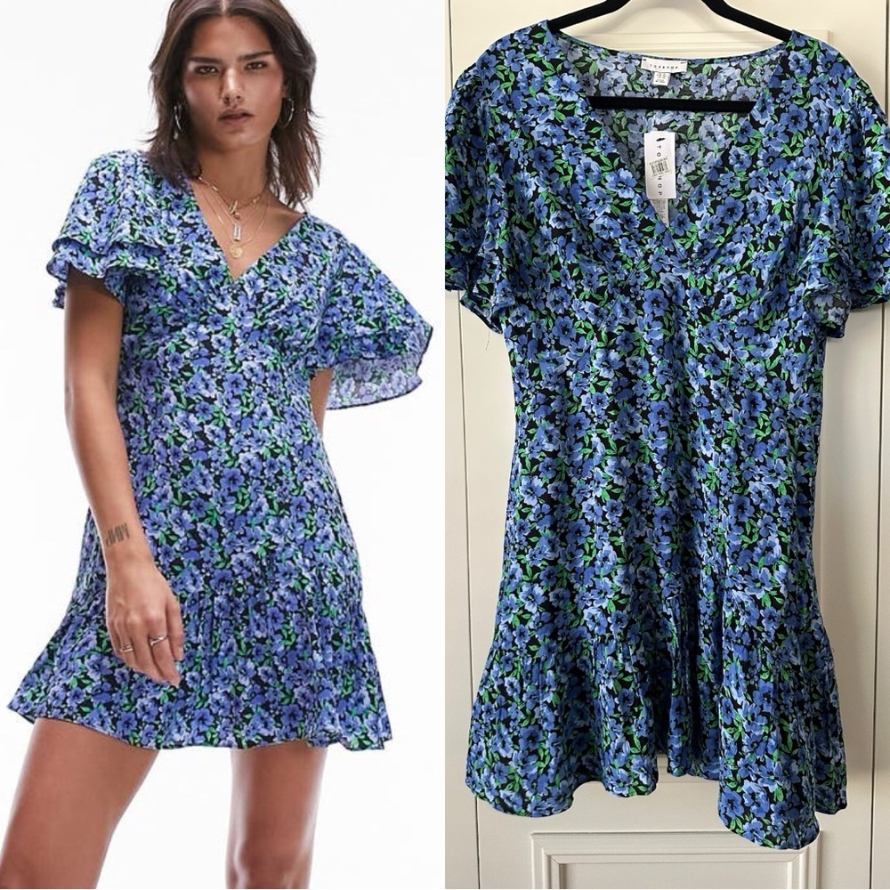 NWT Topshop Bella Tea Dress with Angel Sleeve in Blue Floral, Size 10
